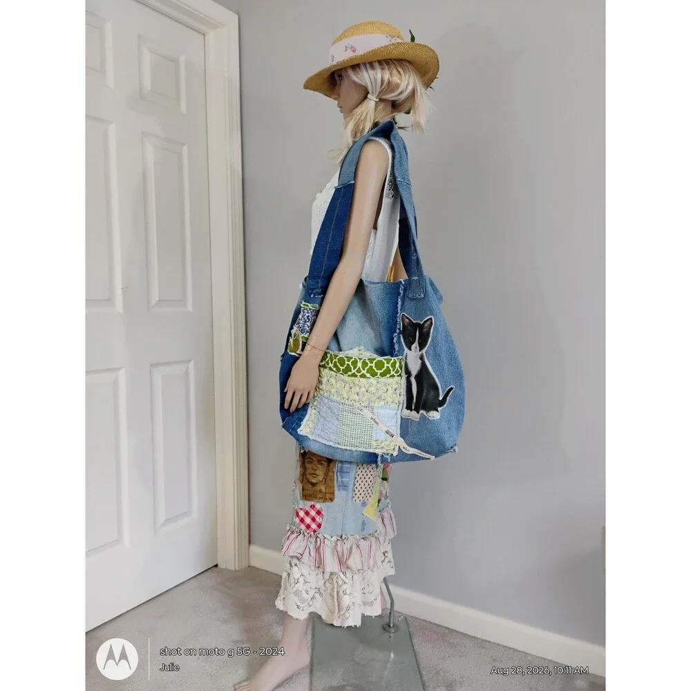 Denim Oversized Tote Bag Patchwork Applique Shoulder Bag Reclaimed Boho Artisana